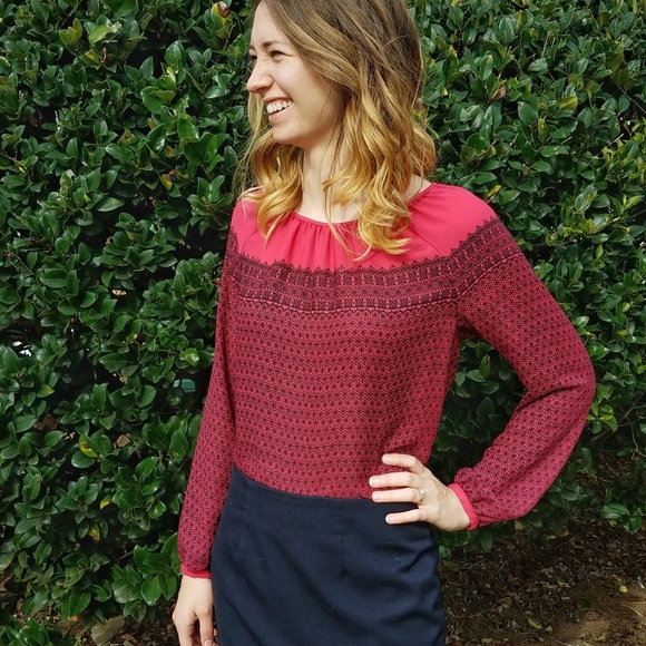 LOFT Tops - LOFT Pink & Black Mosaic Lace Print Blouse